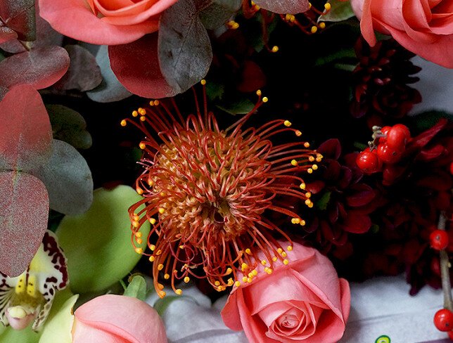 Buchet din trandafiri coral si leucospermum — foto 3