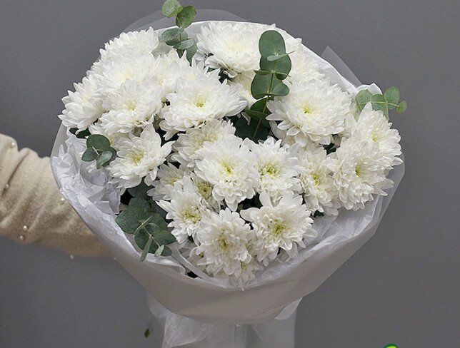 Buchet din 5 crizanteme albe cu eucalipt foto