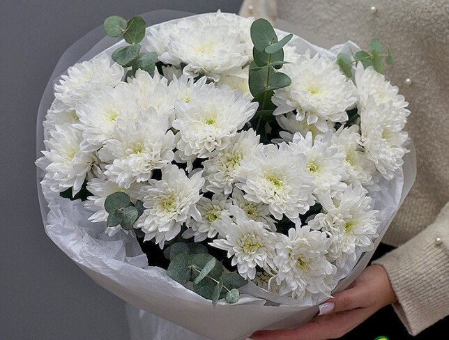 Buchet din 5 crizanteme albe cu eucalipt foto