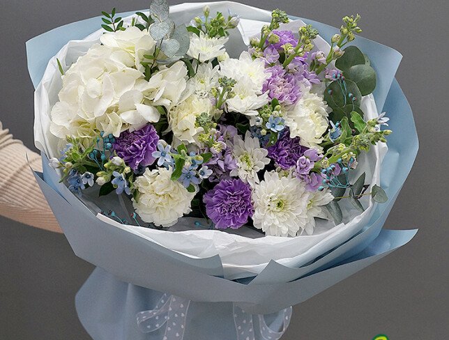 Buchet cu hortensie albă, crizanteme și oxypetalum foto