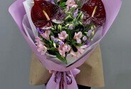 Buchet din alstroemerii, eustome și anthuriume bordo — foto 1