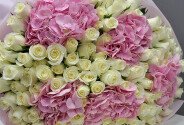 Buchet din 101 trandafiri albi de 50 cm și 5 hortensii roz — foto 3