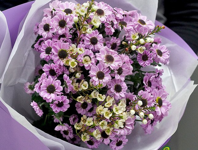 Buchet din crizantema santini roz si waxflower foto
