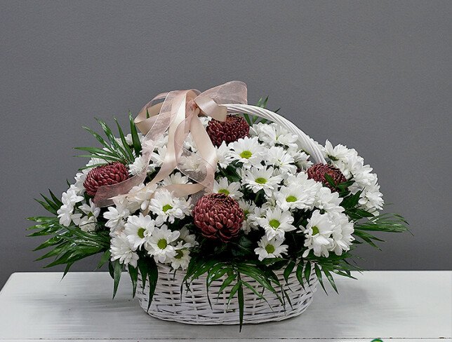 Basket of daisy chrysanthemums and pompon chrysanthemums photo