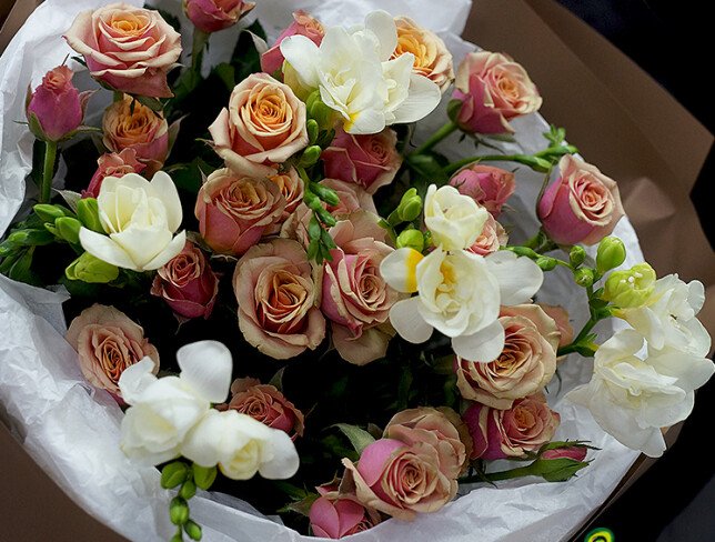 Buchet cu trandafiri spray "Antigua" 60 cm si frezii albe foto