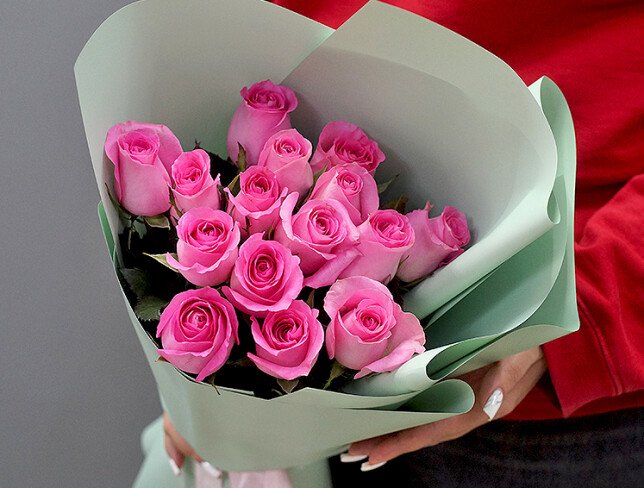 Bouquet of 15 pink roses, 50 cm photo