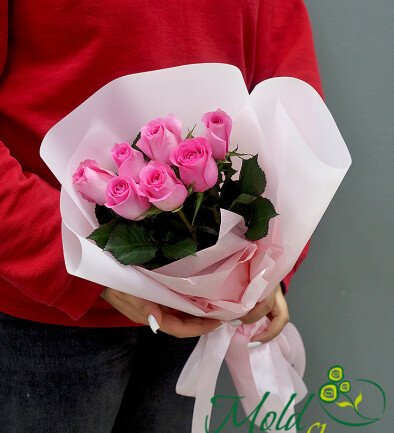 Bouquet of 7 pink roses, 50 cm photo 394x433