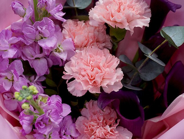 Bouquet with purple calla lilies, pink dianthus and matthiola photo