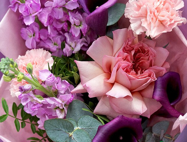 Букет с фиолетовыми каллами, розовыми диантусами, маттиолой и розой «Pink Expression» Фото