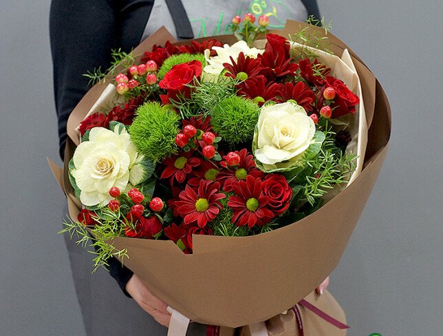 Bouquet with chrysanthemums, roses and brassica "Burgundy Symphony" photo