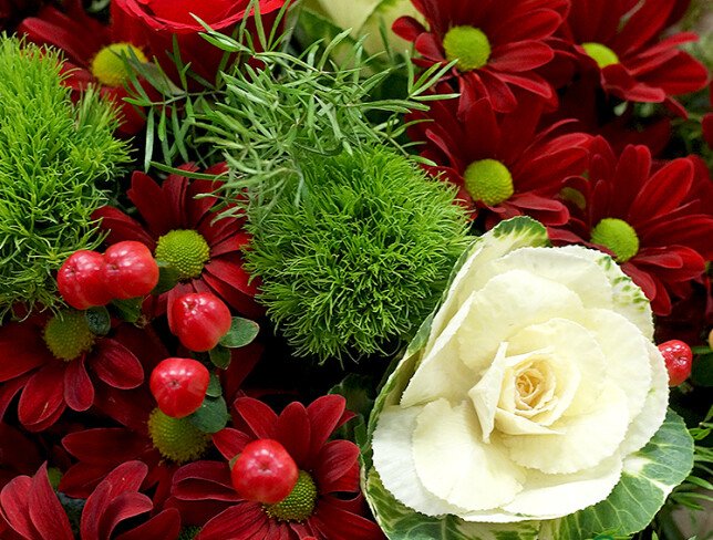 Bouquet with chrysanthemums, roses and brassica "Burgundy Symphony" photo