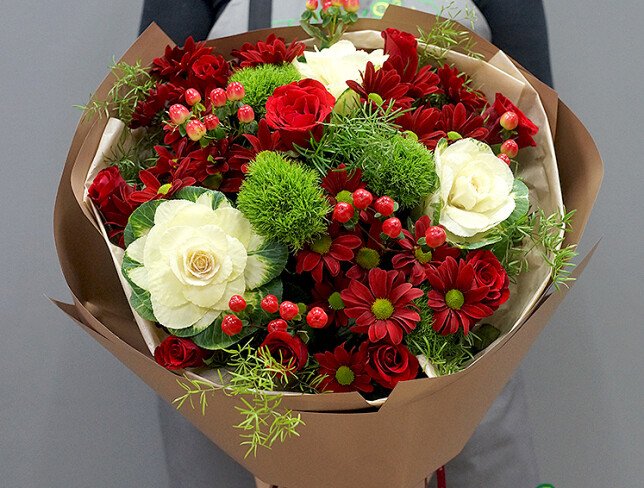 Bouquet with chrysanthemums, roses and brassica "Burgundy Symphony" photo
