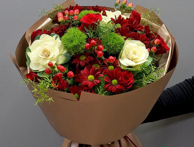Bouquet with chrysanthemums, roses and brassica "Burgundy Symphony" photo
