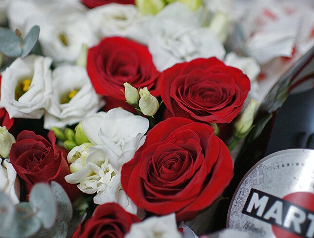 Heart-shaped Box with Red Roses and Asti Martini photo