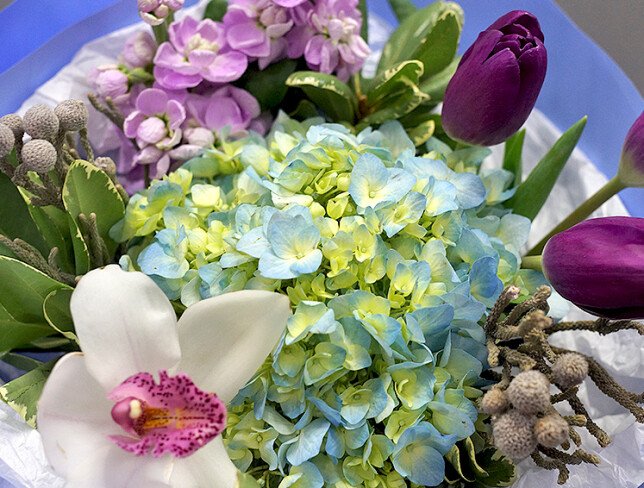 Buchet din hortensie albastra, lalele si matthiola — foto 2