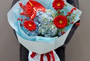 Bouquet of blue hydrangea, anthurium and gerberas “Emotions of Love” — photo 1