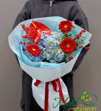 Bouquet of blue hydrangea, anthurium and gerberas “Emotions of Love” photo 394x433