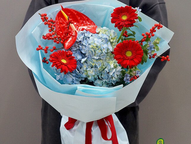 Bouquet of blue hydrangea, anthurium and gerberas “Emotions of Love” photo