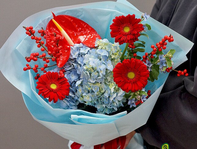 Bouquet of blue hydrangea, anthurium and gerberas “Emotions of Love” photo
