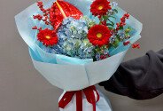 Bouquet of blue hydrangea, anthurium and gerberas “Emotions of Love” — photo 4