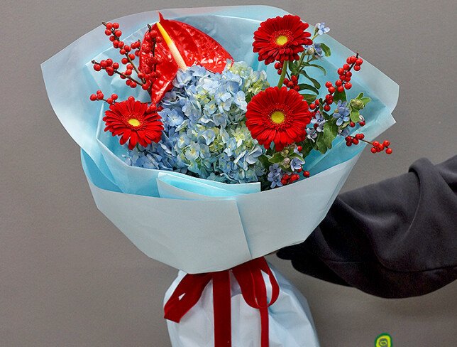 Bouquet of blue hydrangea, anthurium and gerberas “Emotions of Love” photo