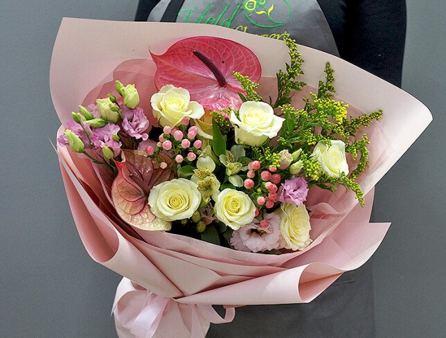 Bouquet of roses, eustoma and anthurium photo