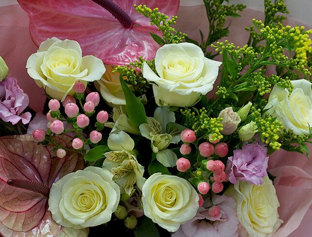 Bouquet of roses, eustoma and anthurium photo