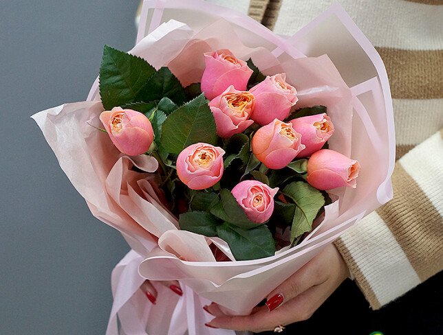 Bouquet of 9 pink peony roses “Spring Charm” photo