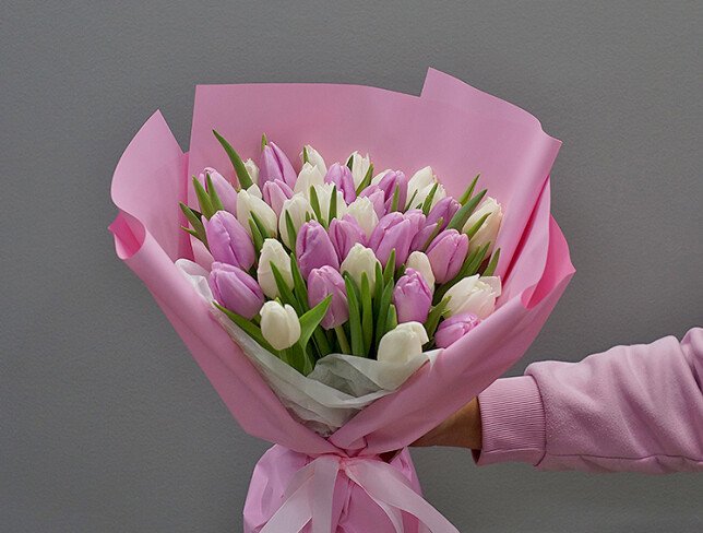 Bouquet of lavender and white tulips photo