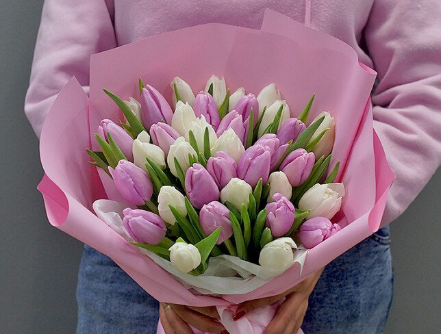 Bouquet of lavender and white tulips photo