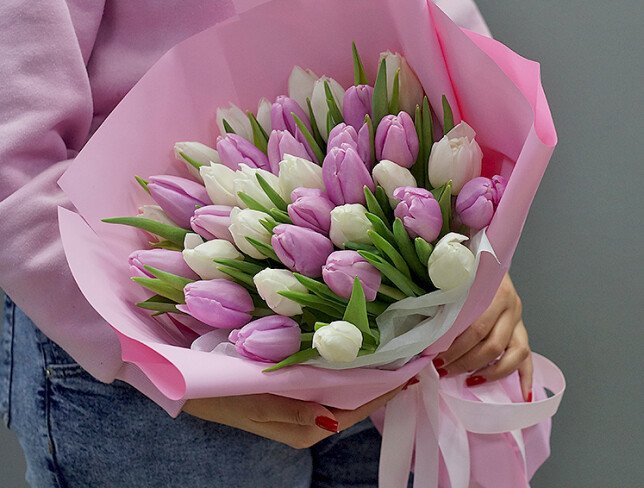 Bouquet of lavender and white tulips photo