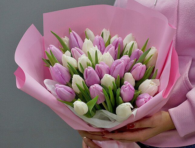 Bouquet of lavender and white tulips photo