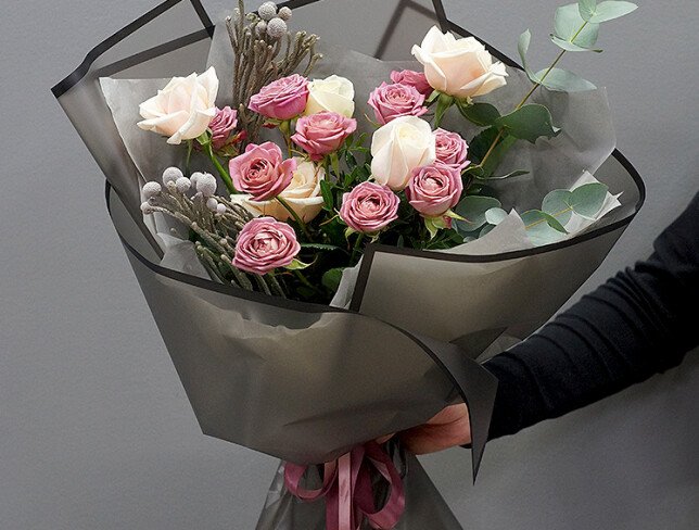 Bouquet of roses, eucalyptus and brunia photo