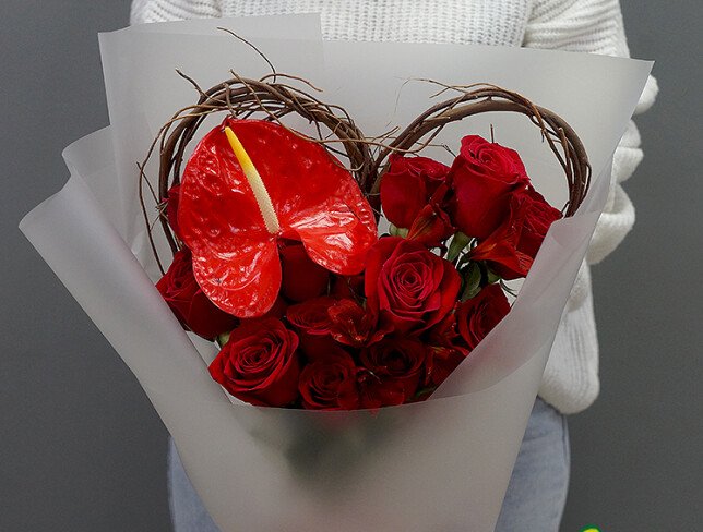 Bouquet with red roses and anthurium "Exotic Love" photo