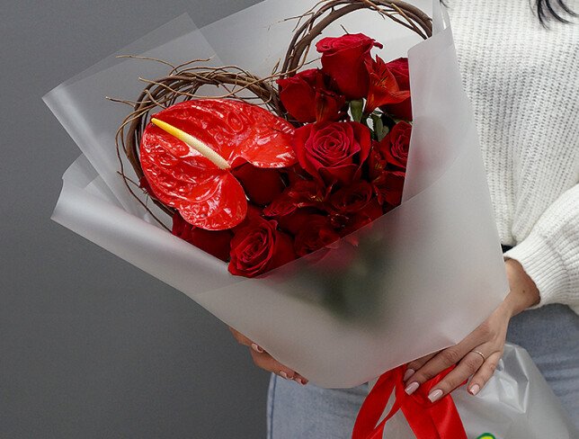 Bouquet with red roses and anthurium "Exotic Love" photo
