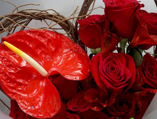 Bouquet with red roses and anthurium "Exotic Love" photo