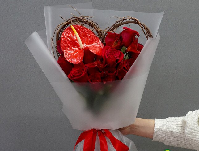 Bouquet with red roses and anthurium "Exotic Love" photo