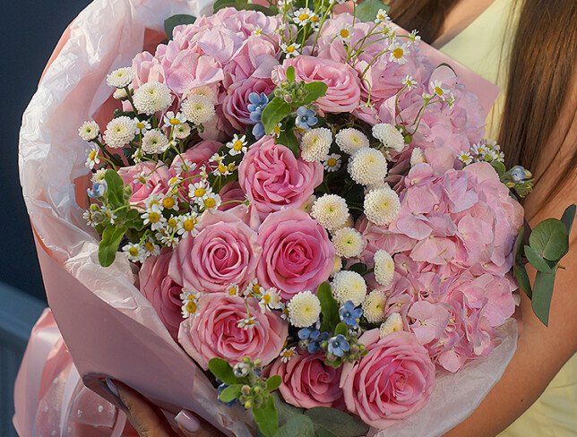 Bouquet of pink hydrangeas, roses, white chrysanthemums and daisies photo