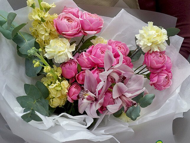 Bouquet of peony-type roses, matthiolas, carnations and orchids photo