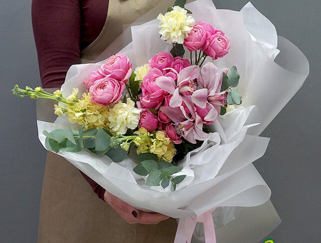 Bouquet of peony-type roses, matthiolas, carnations and orchids photo