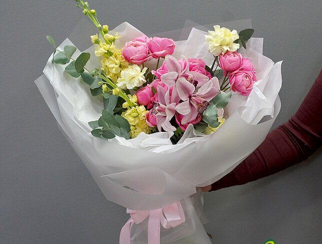 Bouquet of peony-type roses, matthiolas, carnations and orchids photo