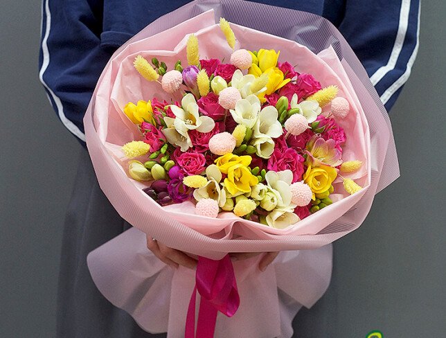 Bouquet of spray roses and colorful freesias “Dopamine Mood” photo