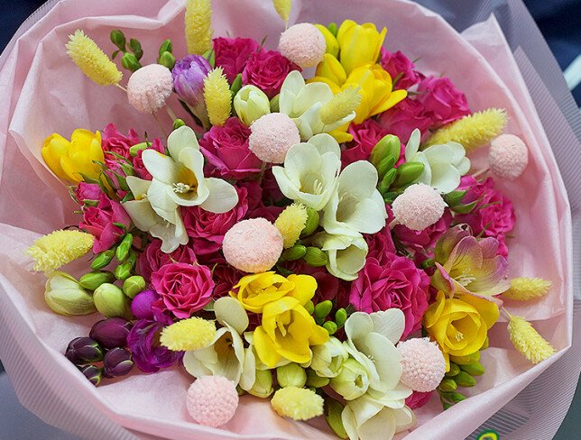 Bouquet of spray roses and colorful freesias “Dopamine Mood” photo