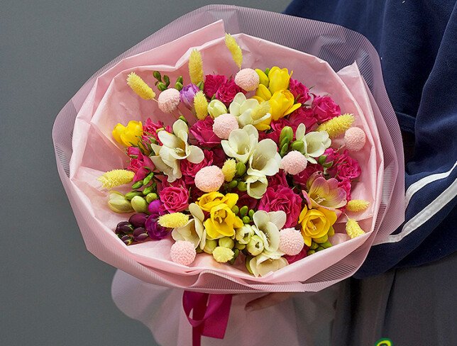 Bouquet of spray roses and colorful freesias “Dopamine Mood” photo
