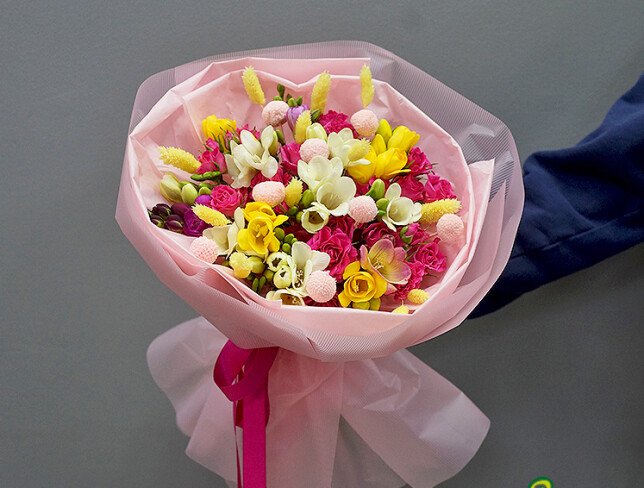 Bouquet of spray roses and colorful freesias “Dopamine Mood” photo