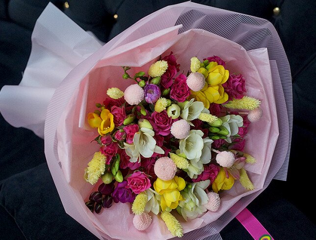Bouquet of spray roses and colorful freesias “Dopamine Mood” photo