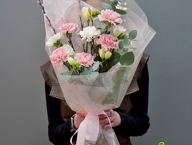 Bouquet of dianthus, freesia and willow branches photo