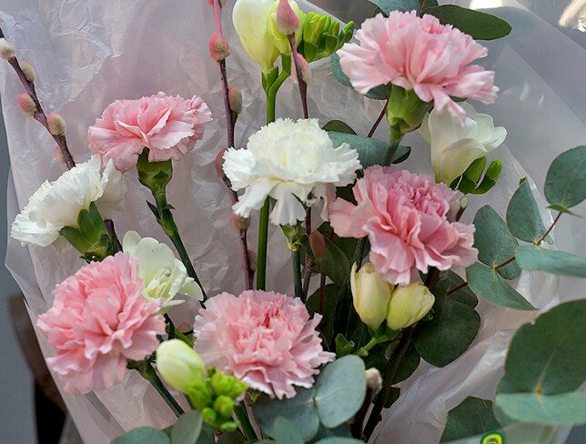Bouquet of dianthus, freesia and willow branches photo