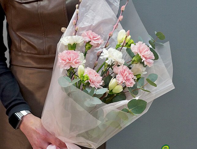 Bouquet of dianthus, freesia and willow branches photo