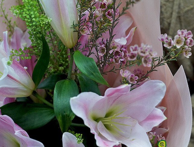 Bouquet with pink lilies and waxflower "Flower Joy" photo